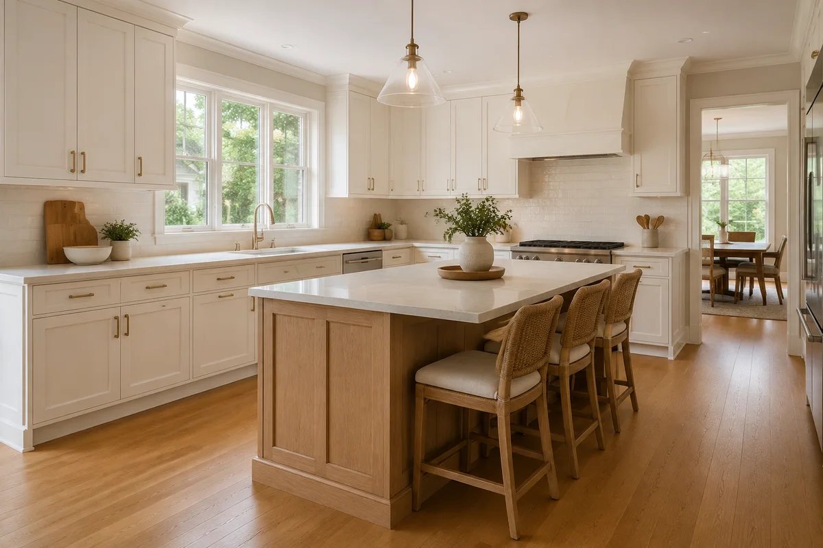 Illustrative kitchen renovation with oak cabinetry and a light stone island